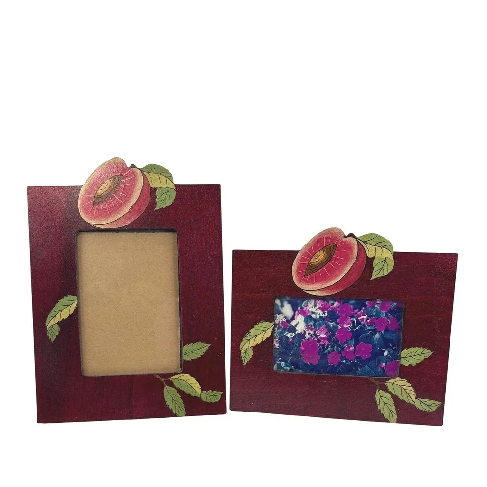 Vtg 1990s Tole Painted Cherry Wood Picture Frame Set 2 Peach Fruit Cottagecore